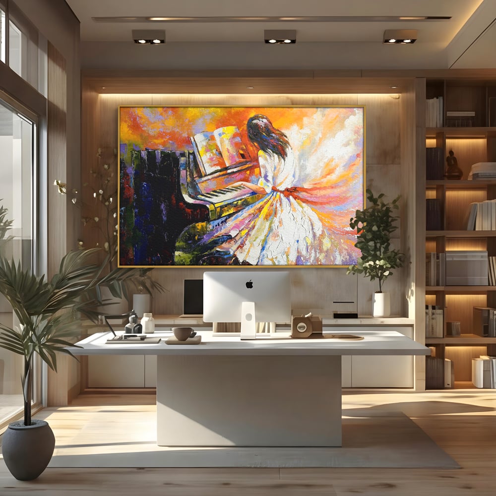 Tablou canvas cu pictura cu femeie cantand la pian, in rama de aluminiu auriu, pe perete intr-un birou
